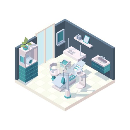 Illustration for Dental cabinet. Clinic interior stomatology room with professional furniture dentists medical chair vector 3d isometric. Illustration dental interior isometric, dentist healthcare - Royalty Free Image