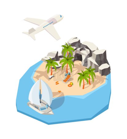 Illustration for Isometric island. Dream holiday vacation at seaside summer passenger ship travel tour concept ocean vector island. Sea island, isometric journey relaxation illustration - Royalty Free Image