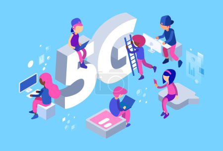 Illustration for Isometric 5G network. Vector 5g wifi net. 3D different people, web developers at work. 5g wifi net speed, mobile communication fast illustration - Royalty Free Image