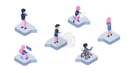 Illustration for Online chat. Modern communication web. Isometric people with gadgets chatting vector illustration. Mobile chat online, communication social community - Royalty Free Image