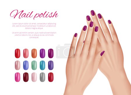 Illustration for Polish nail colors. Woman hands nails models demonstration cosmetic palette beautiful set vector realistic. Illustration fingernail demonstration, model realistic fashion - Royalty Free Image