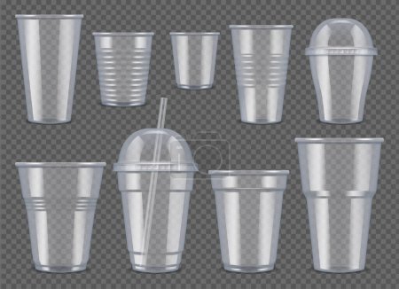 Illustration for Plastic vessel. Transparent cups and mugs for drinks food bag for juice and coffee vector 3d realistic mockup. Illustration plastic mug for coffee and tea or other liquid - Royalty Free Image