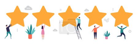 Illustration for Rating concept. Survey results, feedback vector illustration. Five stars with flat tiny people. Five star feedback from customer, rate consumer - Royalty Free Image