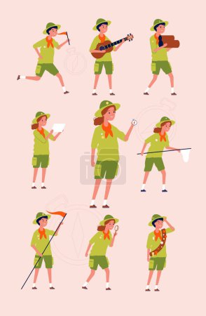 Illustration for Young scouts. Kids boys and girls adventure camping specific uniforms vector flat characters. Illustration scout hiking, characters adventure and travel - Royalty Free Image