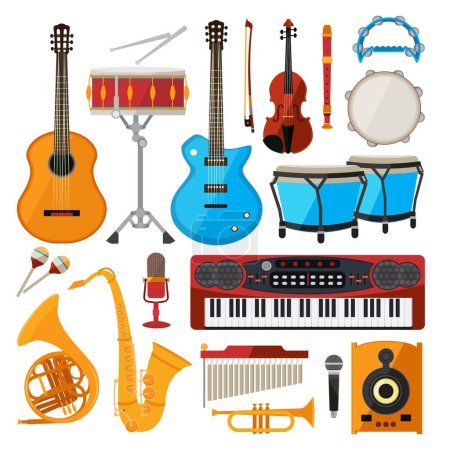 Illustration for Bongo, drums, guitar and other musical instruments. Vector illustrations in cartoon style. Piano and saxophone, guitar and trumpet - Royalty Free Image