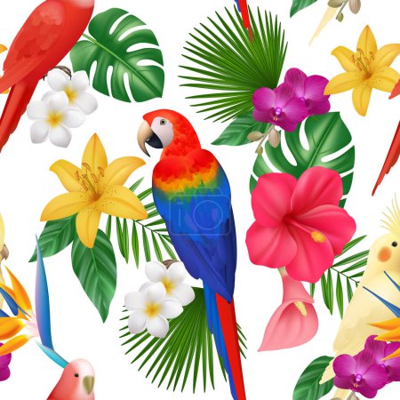 Téléchargez les illustrations : Modèle tropical. Fleurs exotiques et oiseaux colorés beaux perroquets amazoniens vecteur floral fond sans couture. Illustration jungle exotique palmier et oiseau, été perroquet tropical - en licence libre de droit