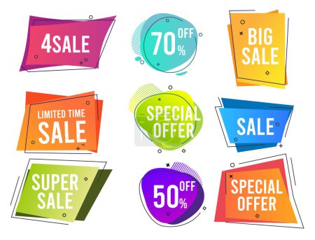 Illustration for Banners. Colored shapes trendy flat promo banners price discount shopping advertizing vector elements. Illustration price discount, offer marketing advertisement - Royalty Free Image