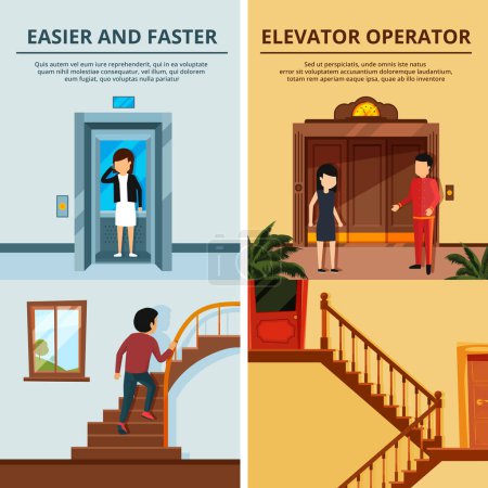 Ilustración de Banners conjunto de diferentes escaleras modernas y ascensores. Salón del motel con ascensor de madera. Ascensor ascensor puerta, escalera y escalera, vector de ilustración - Imagen libre de derechos