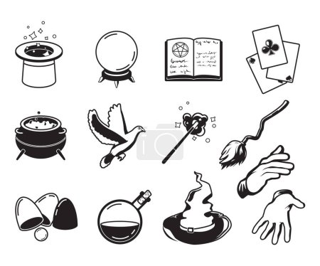 Ilustración de Diferentes símbolos de magos, alquimistas y magos. Vector siluetas monocromas aislar en blanco. Ilustración de truco de mago y símbolo de rendimiento - Imagen libre de derechos