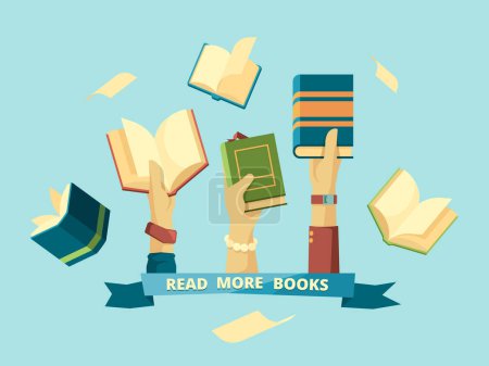 Illustration for Hands with books. Education smart concept students reading and holding books in library vector background in flat style. Illustration book encyclopedia, education and knowledge - Royalty Free Image