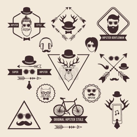 Illustration for Hipsters badges templates with place for your text. Vector icons set labels hipster with mustache and head of deer illustration - Royalty Free Image