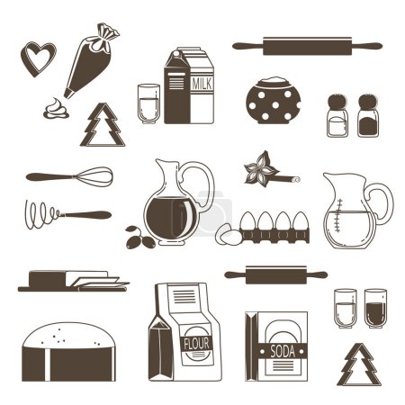 Ilustración de Ingredientes alimentarios para hornear y cocinar. Ilustración vectorial monocromática aislada en blanco. Icono ingrediente para cocinar hornear, harina y azúcar - Imagen libre de derechos
