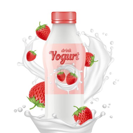 Téléchargez les illustrations : Boire yaourt bouteille réaliste, éclaboussures de lait et fraises vecteur isolé sur fond blanc. Illustration yaourt bannière naturelle, aliment blanc lait avec fruits - en licence libre de droit