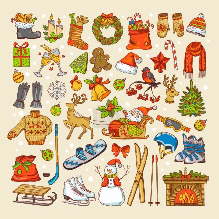 Téléchargez les illustrations : Photos colorées de jouets de Noël et d'objets spécifiques de la saison hivernale. Noël d'hiver, sapin de Noël et cadeau à la nouvelle année. Illustration vectorielle - en licence libre de droit