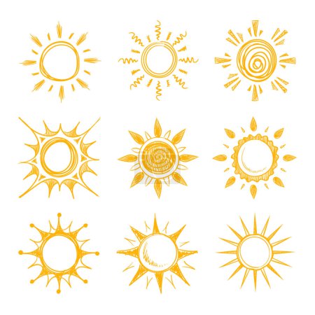 Téléchargez les illustrations : Drôle doodle été sourire orange soleil vecteur icônes. Soleil chaud jaune, illustration du soleil brillant du matin d'été - en licence libre de droit