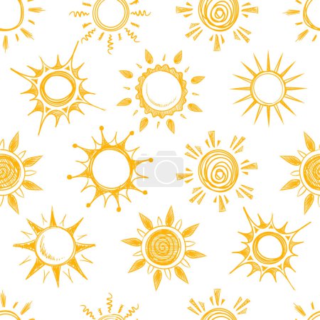 Ilustración de Divertido amarillo verano sol vector patrón sin costura. Fondo con el bosquejo del sol, ilustración del sol caliente natural de la historieta - Imagen libre de derechos