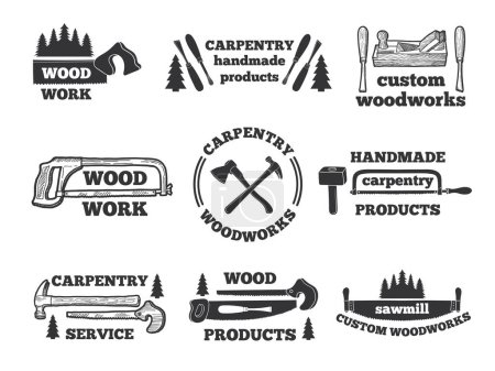 Etiketten für die Holzverarbeitung. Monochrome Illustrationen mit Tischlerwerkzeugen. Vektor Emblem Werkstatt, Logo Tischlerei handgefertigt