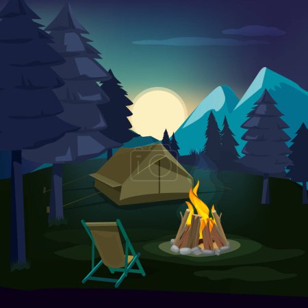 Illustration for Night campfire. Wooden landscape with tent and fireplace with big burned flame lighting outdoor vector background. Campfire night, tent outdoor illustration - Royalty Free Image