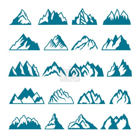 Illustration for Monochrome pictures set of different mountains. Vector collections for labels design. Mountain rock silhouette, volcano and hill stone illustration - Royalty Free Image