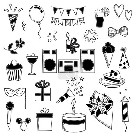 Illustration for Party icons. Funny birthday disco music party symbols sweets cakes and drinks vector silhouettes. Illustration silhouette icon to holiday and party - Royalty Free Image