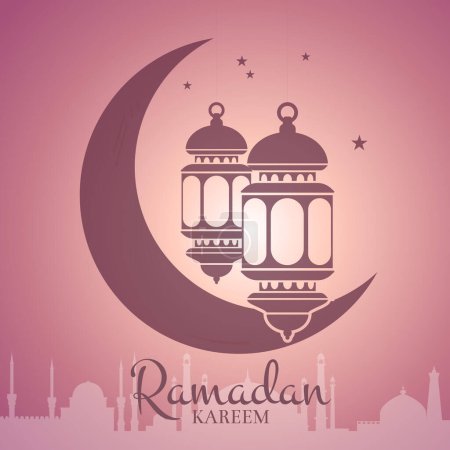 Illustration for Vector Ramadan illustration with lanterns around the moon with arabic city silhouette and place for text. Arabian islamic kareem celebration concept - Royalty Free Image