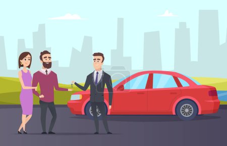 Illustration for Rent car. Couple rents a car from rental agent. Vector cartoon character people and city landscape. Illustration agent auto rent, car rental - Royalty Free Image