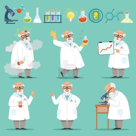 Illustration for Scientist or chemist at his work. Different accessories in science laboratory. Funny scientist chemist experiment and research illustration - Royalty Free Image