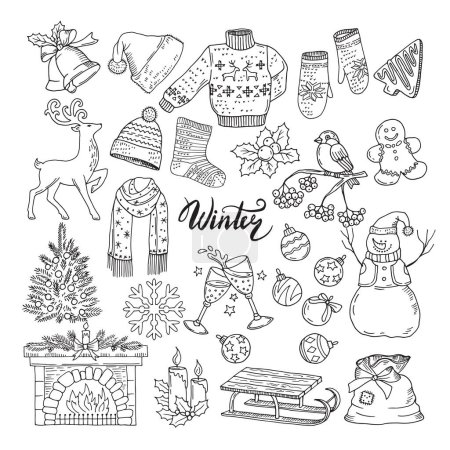 Illustration for Set of different winters elements. Vector illustrations of holiday objects. Christmas and new year hand drawn object concept - Royalty Free Image