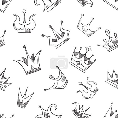 Ilustración de Bosquejo doodle coronas patrón sin costura. Bosquejo de patrón de corona, ilustración de la corona de dibujos animados princesa - Imagen libre de derechos