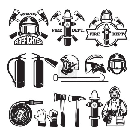 Téléchargez les illustrations : Insignes et étiquettes pour les pompiers. Emblème du pompier et du service d'incendie, ilustration vectorielle - en licence libre de droit