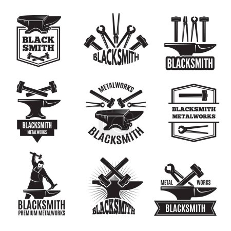 Illustration for Black logos for blacksmith. Vintage labels set for workshop, forge and metal equipment hammer illustration - Royalty Free Image