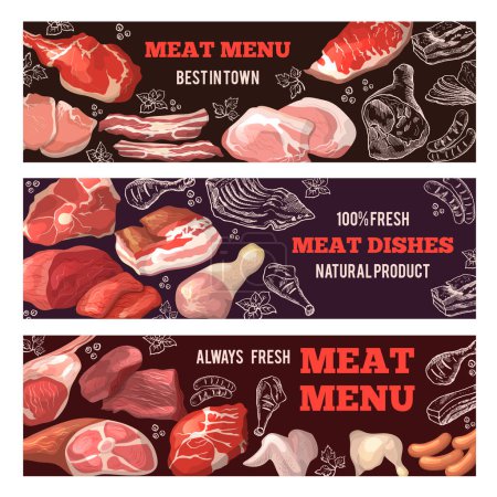 Téléchargez les illustrations : Bannières avec des photos de viande. Modèle de conception de brochure pour la boucherie. Ensemble d'affiches avec de la viande, du porc et du bœuf. Illustration vectorielle - en licence libre de droit