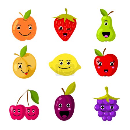 Téléchargez les illustrations : Enfants mignons personnages vectoriels de fruits avec des visages souriants drôles. Visage de dessin animé de fruits sucrés, illustration de vitamine de fruits alimentaires - en licence libre de droit