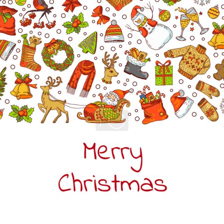 Ilustración de Vector dibujado a mano elementos de Navidad de colores con santa, árbol de Navidad, regalos y campanas de fondo ilustración - Imagen libre de derechos
