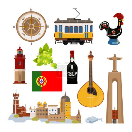 Símbolos históricos de Portugal Lissabon. Icono vectorial en estilo plano. Hito portugués, faro e instrumento musical, tranvía de transporte e ilustración de la arquitectura
