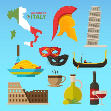 Illustration for Vector historical symbols of rome italy. Illustrations in flat style. Italy travel and italian tourism, rome landmark, spaghetti and monument - Royalty Free Image