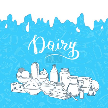 Illustration for Vector illustration with big pile of sketched dairy products, milk dripping from the top and dairy lettering - Royalty Free Image