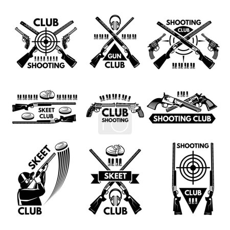 Ilustración de Etiquetas fijadas para el club de tiro. Ilustraciones de armas, balas, arcilla y armas. Emblema de tiro club deportivo, vectorial insignia skeet - Imagen libre de derechos