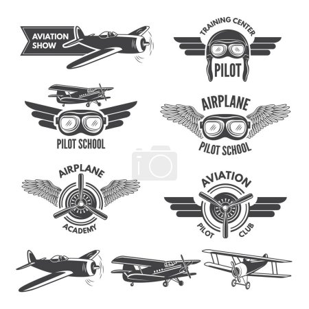 Illustration for Labels set with illustrations of vintage airplanes. Travel pictures and logo for aviators. Aviation flight badge, airplane emblem, pilot school logo vector - Royalty Free Image