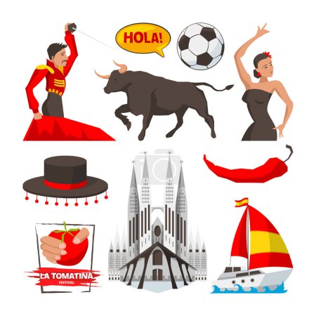 Illustration for Landmarks and cultural objects and symbols of spain barcelona. Vector spain culture, illustration of tourism spanish, building and corrida - Royalty Free Image