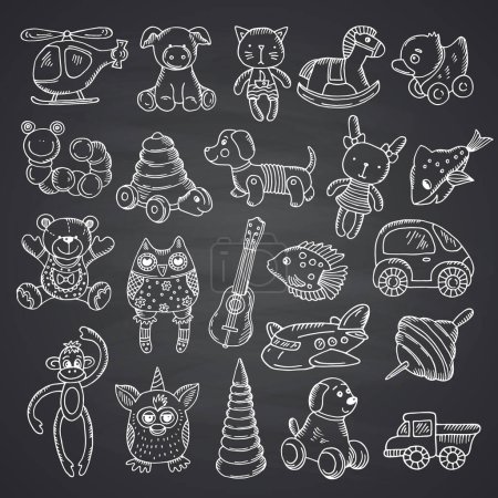 Illustration for Vector kid toys set hand drawn and isolated on black chalkboard background illustration - Royalty Free Image