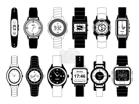 Illustration for Mechanical and electronic sport hand watches in monochrome style. Vector pictures set isolate on white. Wristwatch digital electronic and mechanical, fashion and sport illustration - Royalty Free Image