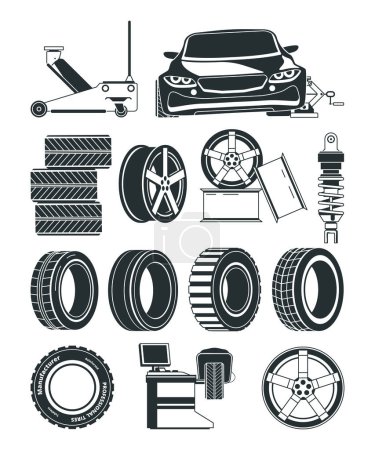Illustration for Monochrome illustrations of tires service symbols, wheels and cars. Auto service repair tire, station vulcanization vector - Royalty Free Image