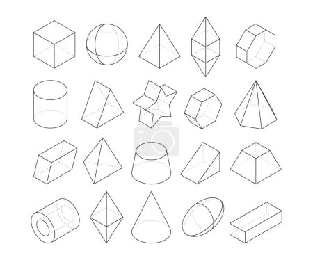 Téléchargez les illustrations : Illustrations monolines. Cadres de différentes formes géométriques. Figure géométrique linéaire polygone, octaèdre et pyramide, cône et sphère géométriques vectorielles - en licence libre de droit