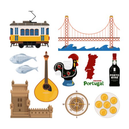 Téléchargez les illustrations : Icône vectorielle portugaise dans un style plat. Illustration du coq et voyage au lisbon, château traditionnel plat - en licence libre de droit