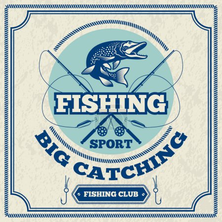 Téléchargez les illustrations : Affiche pour club de pêche. Illustration monochrome du brochet. Club d'affiche de pêche, attraper le vecteur de bannière de poisson - en licence libre de droit