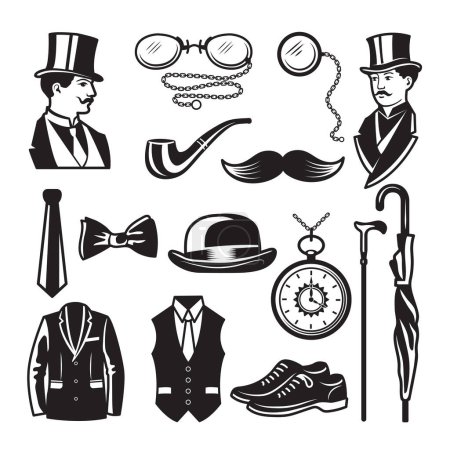 Ilustración de Fotos retro en estilo victoriano. Ilustraciones para las etiquetas del club de caballeros. Caballero en estilo inglés victoriano y moda, ropa dandy vector - Imagen libre de derechos