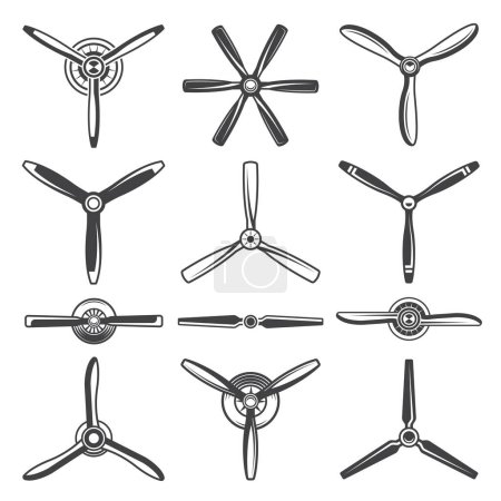 Illustration for Screws and propellers in monochrome style. Vector propeller for turbine and ventilator, air rotate illustration - Royalty Free Image