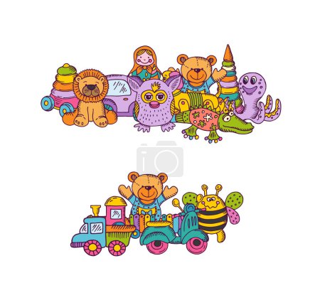 Illustration for Vector set of big kid toys piles hand drawn and colored isolated on white background. Illustration of toy kid for play, hand sketch bear and pyramid - Royalty Free Image