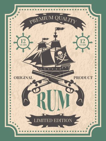 Illustration for Rum. Vintage label at pirate theme for bottle of rum, vintage retro label, vector illustration - Royalty Free Image
